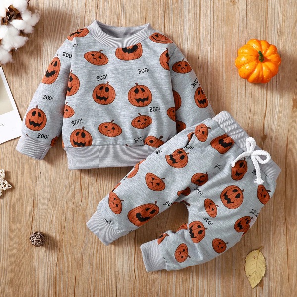 Halloween 2st Baby Boy/Girl Allover Pumpa Print Långärmad Sweatshirt och Sweatpants Set Grey 3-6 Months