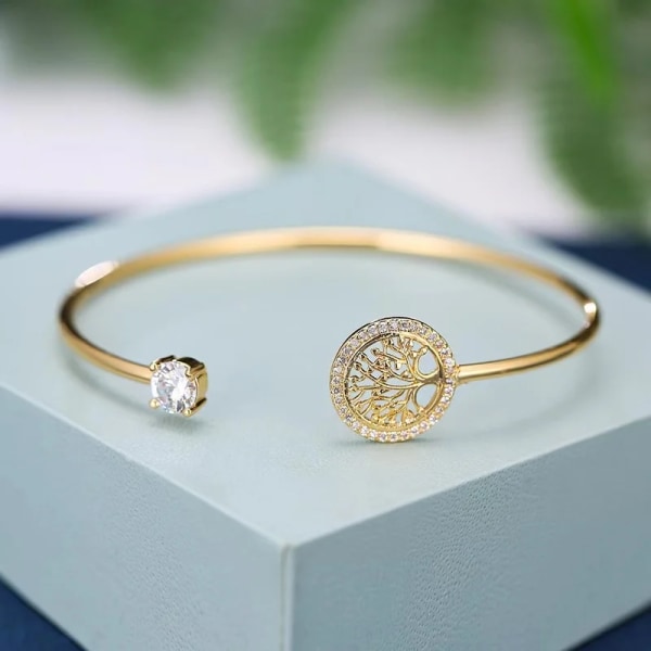 Mode Tree of Life Öppet armband för kvinnor Vit Zirkon Charm Guldfärg Armband Boho Smycken Present för kvinnor Pulsera De Mujer Rose gold