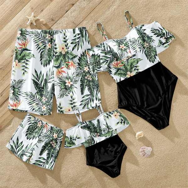 Sommarfamiljsmatchande baddräkt One Piece Plant Volang Plumeria Print Familjmatchande baddräkt Badkläder Klädset White Women M