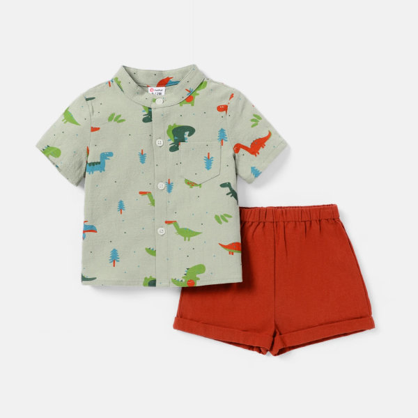 2st Baby Boy 100 % bomull Kortärmad Allover Dinosaur Print Shirt och solida shorts Set LightGreen 18-24Months