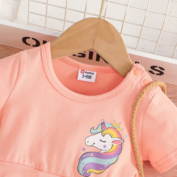Baby Girl Bomull Kortärmad Unicorn Print Faux-two Mesh Klänning Pink 6-9 Months
