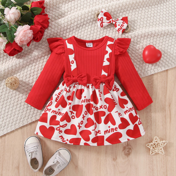 Alla hjärtans dag 2st Baby Girl Röd Ribbad volang Långärmad Klänning med Hjärta och Print med Set Red 6-9 Months
