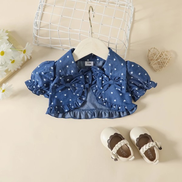 3 st Baby Girl 100 % bomull Heltäckande print Puff-ärm Denim Crop Top och Cami Dress & Pannband Set Blue 12-18Months