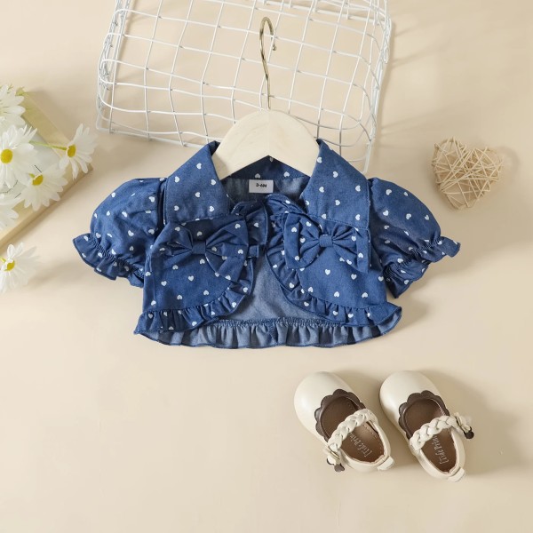 3 st Baby Girl 100 % bomull Heltäckande print Puff-ärm Denim Crop Top och Cami Dress & Pannband Set Blue 18-24Months
