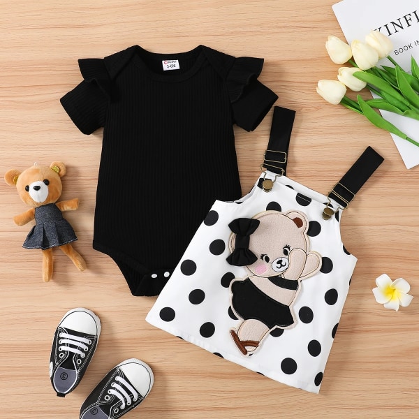 Baby 2st Baby Girl 95 % bomull volangkanter Kortärmad tröja och björn Grafiska prickiga klänningsset Black 6-9 Months