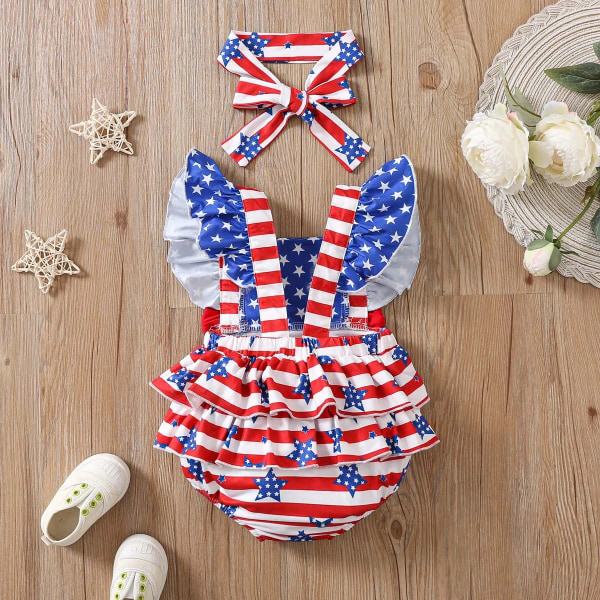 Independence Day 2st Baby Girl Flutter-sleeve Body och Pannband Set Colorblock 9-12Months