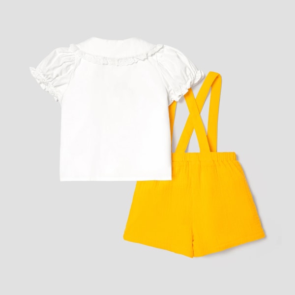 2st Baby Girl 100% bomull Blommor broderad volangkrage Puff-ärm topp och solid Crepe Suspender Shorts Set Yellow 12-18Months