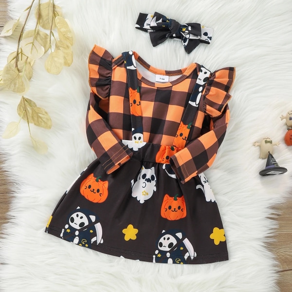 Halloween-stil Festklänning Nyfödd Baby Girl Kläder Nyfödda Barn Print Volang Dekor Långärmad Orange Baby Set Black 3Years