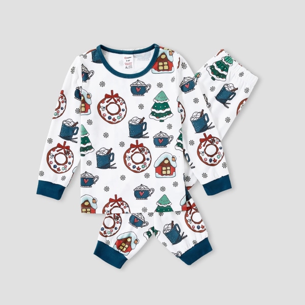 Julgult tecknat print Långärmad familjematchande pyjamasset (flammsäker) Turquoise Baby12-18M