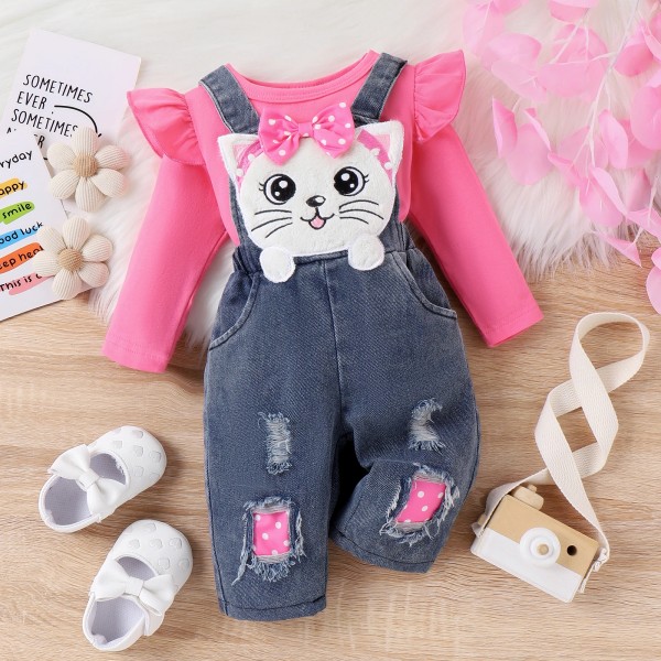 2st Baby Girls volang T-shirt och 3D Cat Animal print Jeans Overall Set HotPink 6-9Months