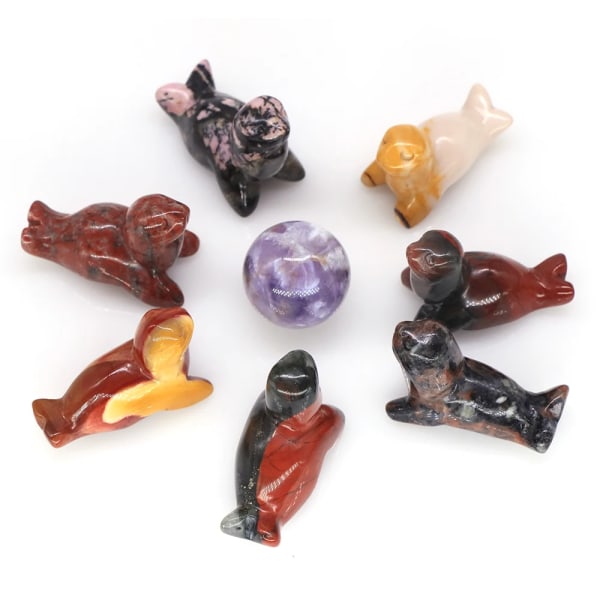 40mm Sea Lion Figurer Naturstenar Havsdjur Staty Healing Kristall Kvarts snidade figurer Rumsdekorationer Barngåva Flame Stone 10 PCS