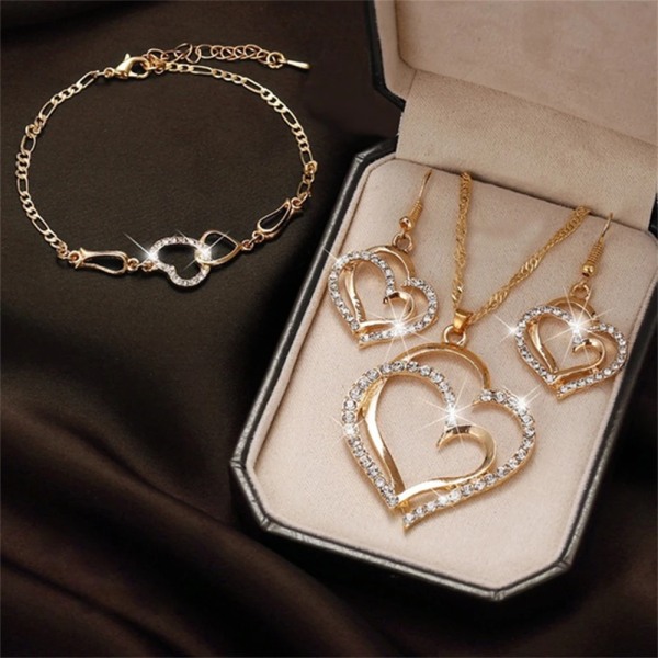 Mode dubbelt hjärta Halsband Örhängen Armband Smycken Set för kvinnor Charm Party Bröllopssmycken Accessoarer Set Presenter Estetisk Silver Set
