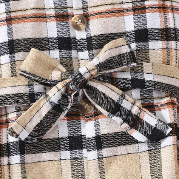 Kid Girl Rutig skarvknapp Design bälte oregelbunden fåll Kortärmad klänning Khaki 7-8Years