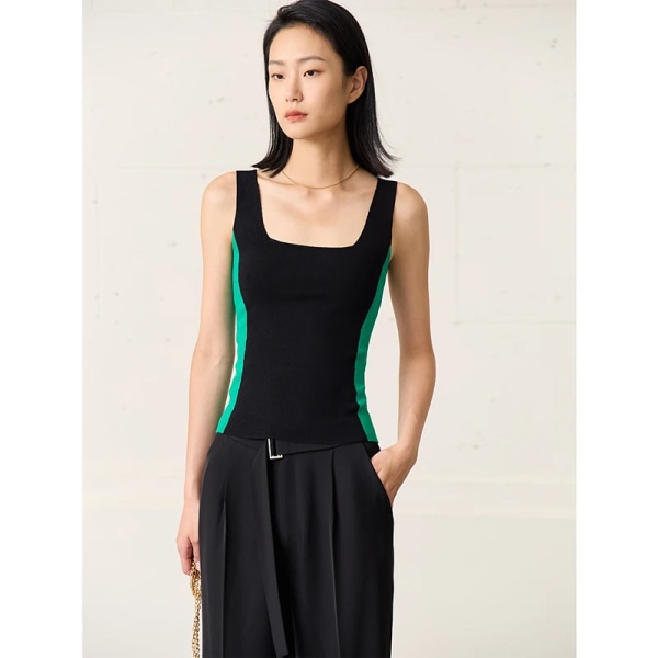 Minimalism Camisole&väst Kontrasterande färger Kvinnokläder 2023 Sommar Nytt ärmlöst kontor dam stickade toppar 72351014 black S