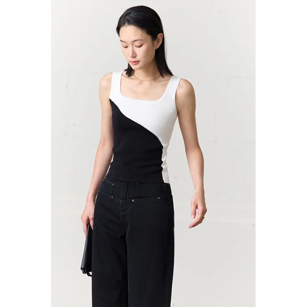 Minimalism Kontrastfärger Dam Stickad Camisole&Vest Ärmlös 2023 Sommar Ny Slim Chic Elastiska Damöverdelar 72342027 black L