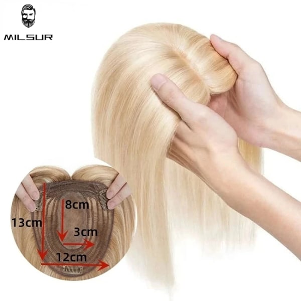 Människohår Topper För Kvinnor Naturligt hår Peruker 12x13cm Clip In Topper Blont raka hårstycken Andas Silk Base Hårperuk P8-613 Customize 25CM (45g)