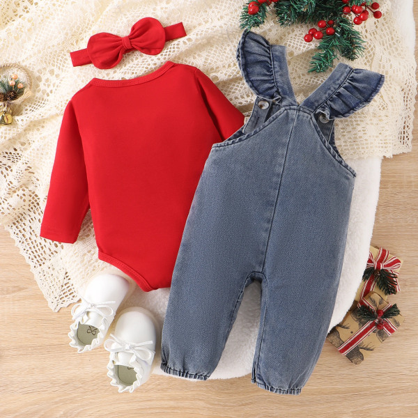 Christmas Deer Jeans Denim Set för Baby Girl med volangkant Red 9-12Months