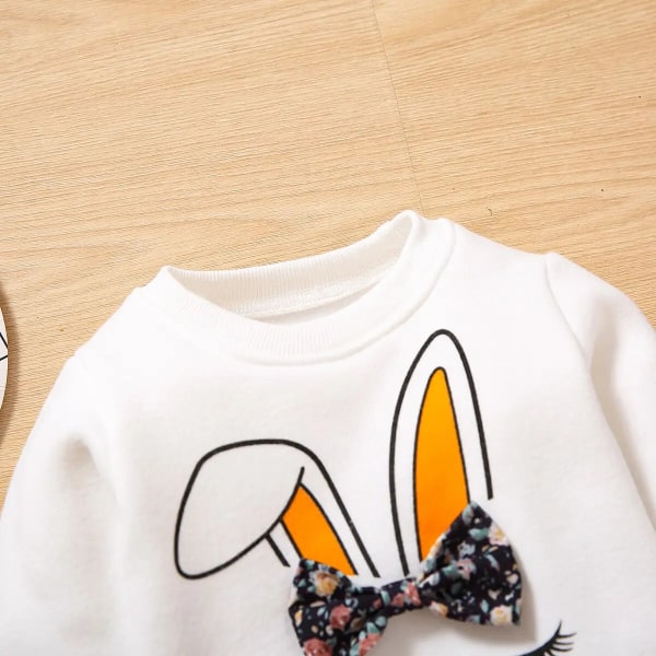 2-delad Toddler Girl Bowknot Design Pullover med print Sweatshirt och blommigt print Paperbag Byxa Set White 18-24Months