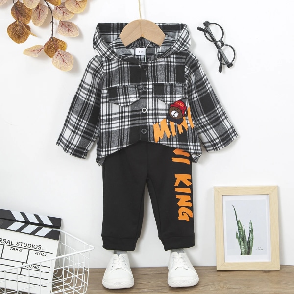 2st Baby Boy Bear Broderat Print Pläd Huva Långärmad Skjorta Jacka och Sweatpants Set Black 6-9 Months