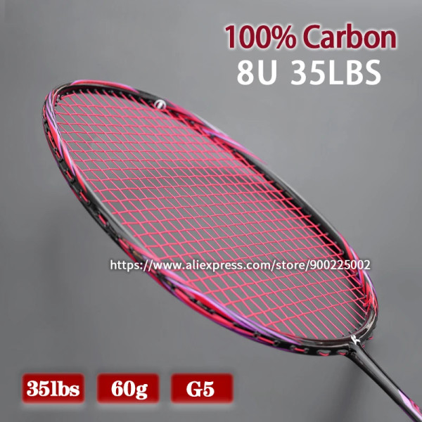 Professionell Super Light 8U 65-67G kolfiber badmintonracket med strängpåsar Raquette Strung Offensiv typ Racquet Padel Red