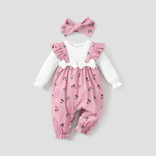 2st Baby Girl Sweet Broken Flower Ruffle Edge Långärmad Jumpsuit Set Pink 12-18 Months