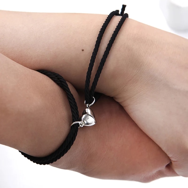 1 par två halvor hjärta magnetiskt armband stålhänge par armband för älskare Vänskap armband Fläta rep magnet smycken black  and  pink