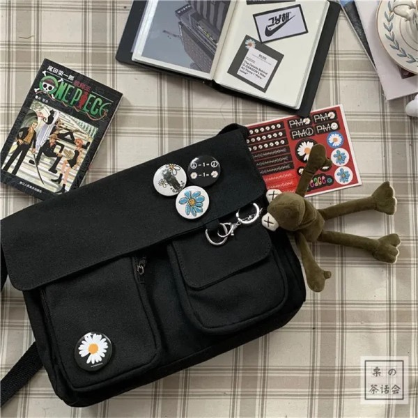 Canvas Shopper Bag Mode Casual Version Damer Stor kapacitet axelväska Enfärgad Messenger Crossbody-väskor för kvinnor black Frog