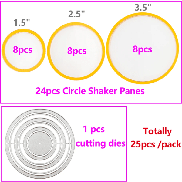 Paketerbjudanden 1,5" 2,5" 3,5" Circle Shaker-rutor och cirkelramar Utstansningar för Shaker-kort Genomskinliga Shaker-överdrag för att lägga till dimensioner 25pcs pack