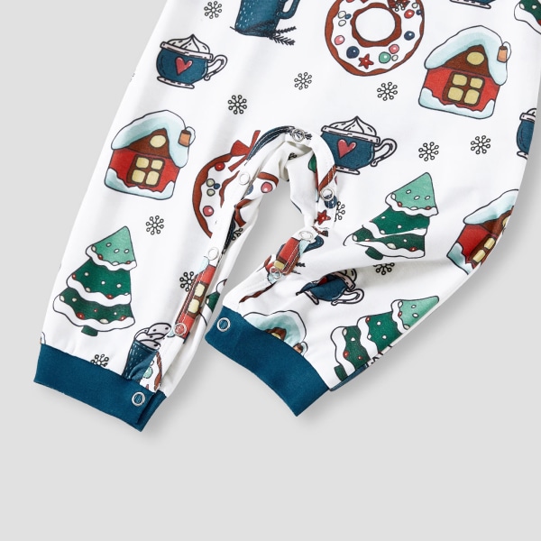 Julgult tecknat print Långärmad familjematchande pyjamasset (flammsäker) Turquoise Baby9-12M