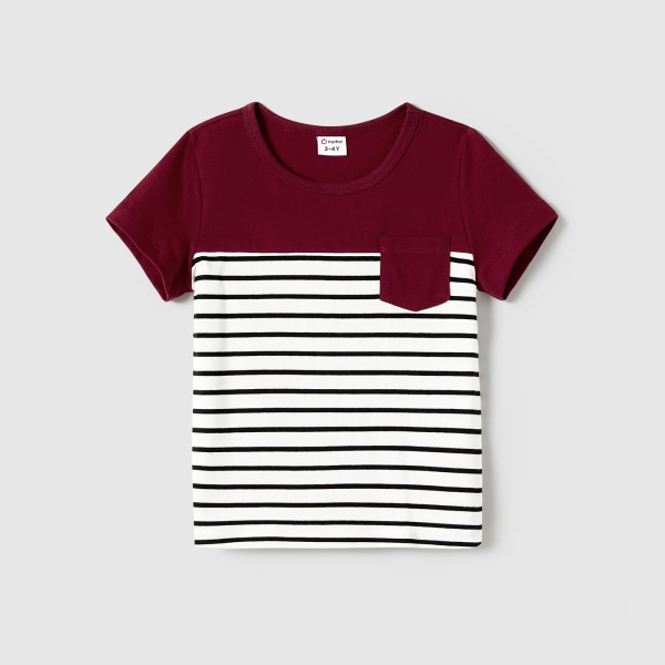 Familjematchande patchficka med kortärmad knäppningsklänning med bälte och randiga kortärmade T-shirts Burgundy ToddlerGirl4-5Years