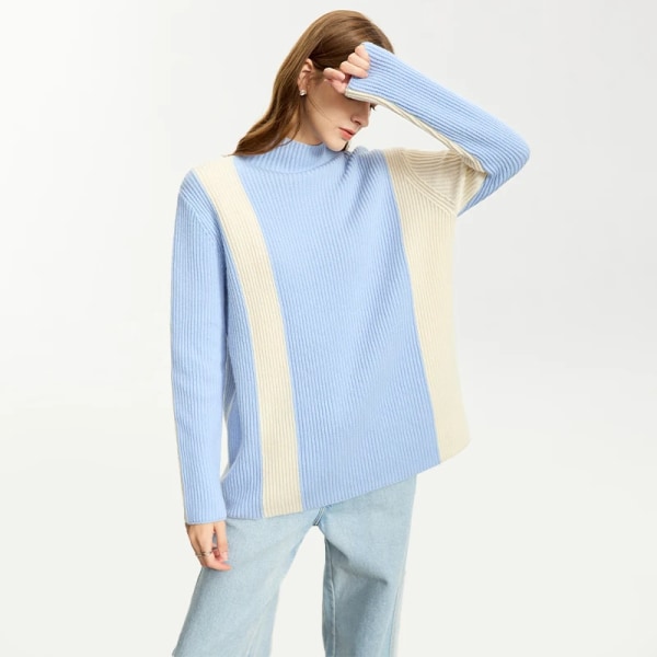 Minimalistisk Mock Neck Tröja För Kvinnor 2023 Vinter Ny Lös Varm Stickad Nedre Drop Sleeve Skarvad Pullover 12344157 sunny mountain blue S