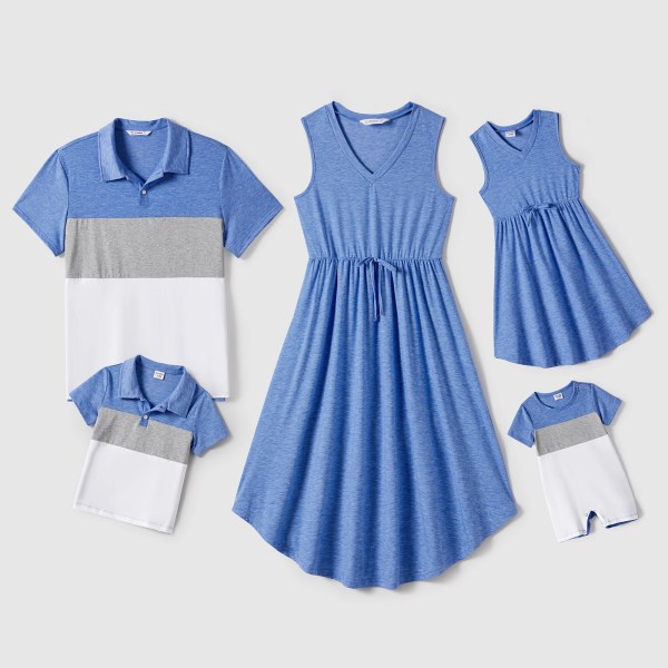 Familjematchande kläder Böjda fåll Solida tankklänningar och färgblock med kortärmade pikétröjor Blue Men L