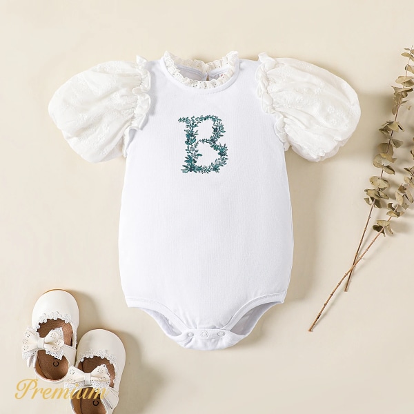 Baby Girl bomull brev broderad volang hals Puff-ärm Romper OffWhite 6-9Months