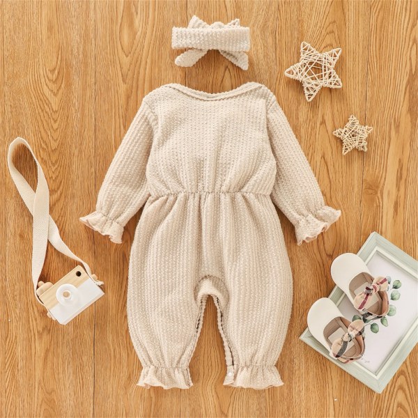 Overaller i 100 % bomull Baby Girl Kläder Jumpsuit New Born Romper Newborn Body Ribbad långärmad Snap-up Bowknot Apricot 9-12 Months