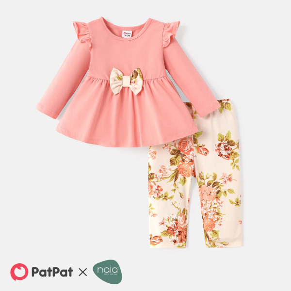 2st Baby Girl Solid bomull volangkant rosett fram Långärmad topp och blommigt Naia™ print Pink 12-18Months