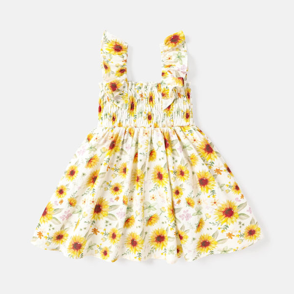 Toddler Rufsig smockblommigt print /gul fladdrande klänning White 5-6 Years