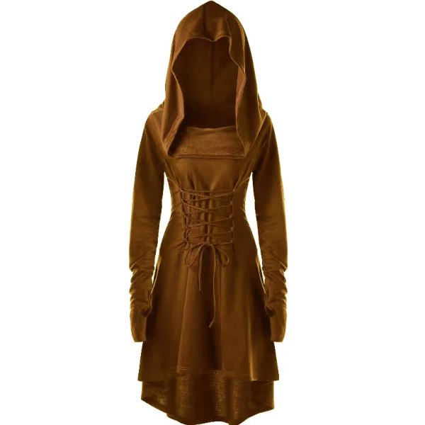 Gothic Witch Elven Mini Tail Dress Dam Långärmad Huva Halloween Kostym Nienna Spetsrock Hög Lågskuren Tunika Plus Size Brown 4XL