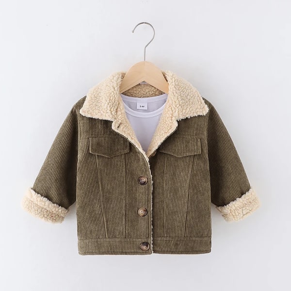 Toddler flicka/pojkerock Lapelkrage Knappdesign Fleecefodrade kappor för barn Vinter Ytterkläder Varma kläder ArmyGreen 18-24 Months