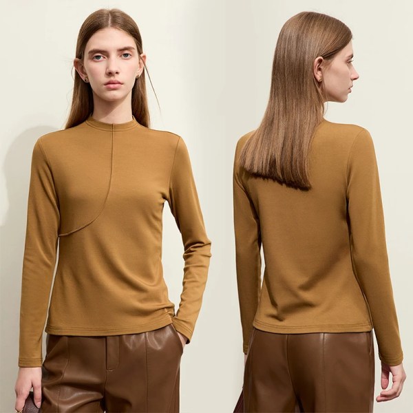 Minimalism Långärmade Damtopp 2023 Höst Mock Neck Modal Slim Toppar Passform Damkläder Damstickade plagg 12313004 dark brown L