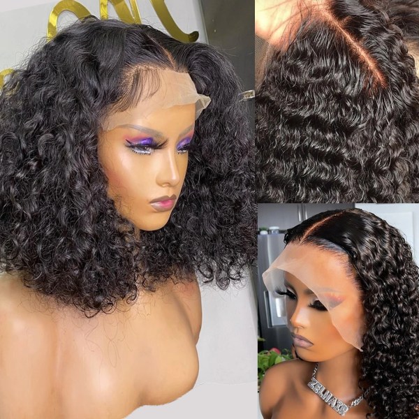 Lösvatten Deep Wave Spets Frontal Människohår Peruker För Kvinnor Billiga Jerry Lockigt Människohår Peruk Brasiliansk Kort Bob Peruk Pre Plock 4x4 Lace Wig 14inches