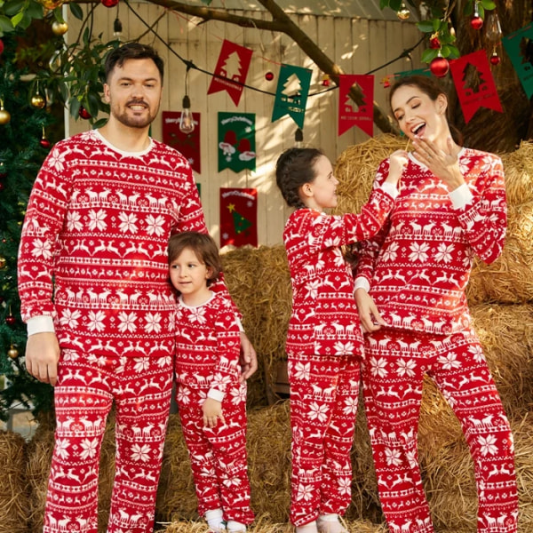 Julfamilj Matchande långärmad Allover Hjortar & Snöflinga Print Röd Fleece Pyjamas Set (Flamsäker) REDWHITE Kids 8-9 Years