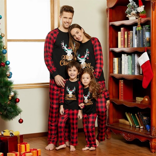 Familjematchande pyjamasset Merry Christmas Letter Antler Print Plaid Splash Pyjamasset för familjen (flammsäker) Red Women L