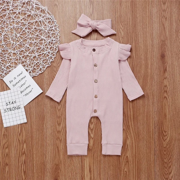 2021 Ny vår och höst Baby Solid Jumpsuit med Pannband Set för Baby Girl Bebiskläder Pink 3-6 Months