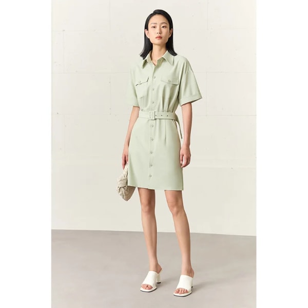 Minimalism 2023 Sommar Ny pikétröja klänning för kvinnor Chic Vestidos med bälte Kontor Dam Kvinnliga Kläder 12342268 green XL