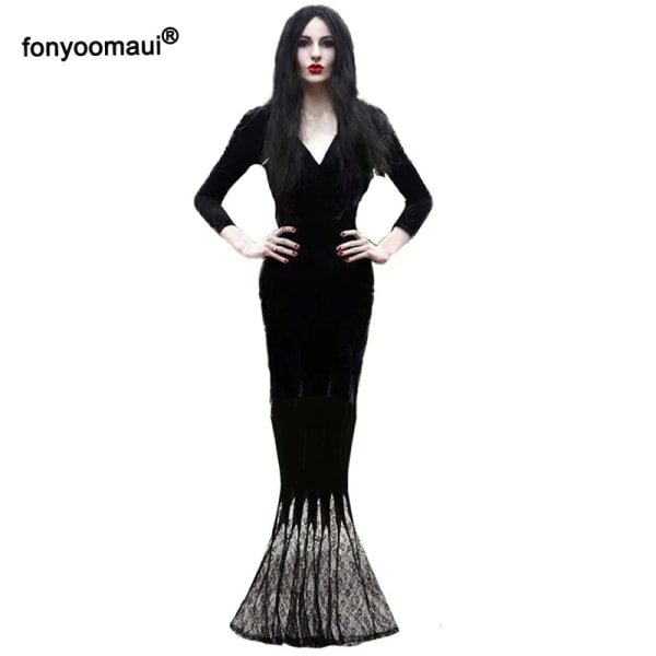 Halloween Cosplay Morticia Addams Spöke Häxadräkt Vuxna Kvinnor Skräck Svart gotisk Spetsklänning Klänning Morgonrock Klänning Fest Karneval Black XXXL