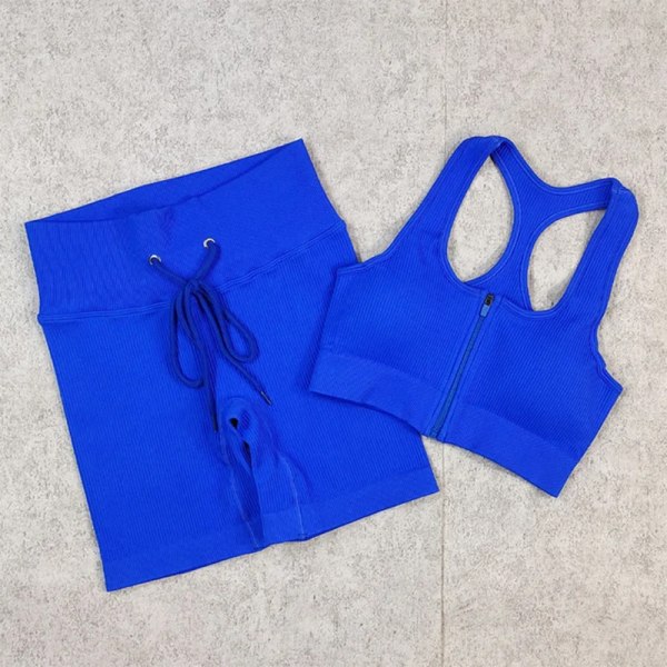 2/3 delar sömlös set Fitness för kvinnor Träning Sportkläder Sportkläder för kvinna Dragkedja Långärmad topp Gymkläder 3Pcs Blue Set M (55-62KG)