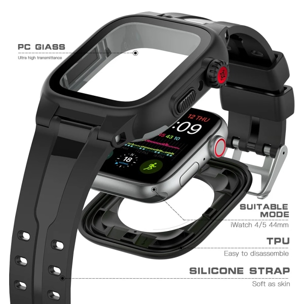 Silikonrem Vattentät Sports Watch Case Lämplig Apple Watch 6 5 4 3 2 SE 44mm 42mm iwatch 8 7 45mm 41mm Ersättningsband Black series 3 2 1 42mm