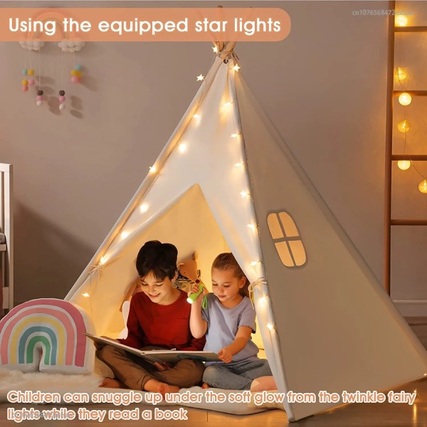 Barntält tipi-tält för barn Bärbar Tipi Infantil Hus för flicka Cabana Pojktält Dekoration Matta LED-lampor 1.35M 03