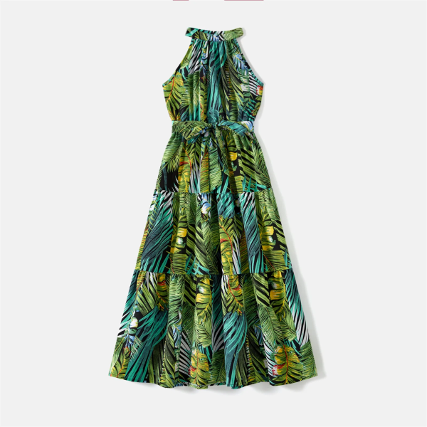 Familjematchande kläder 95 % bomull Allover Tropical Plant Print Halter Midi-klänningar Kortärmade Colorblock Tee-set Multi-color Women XL