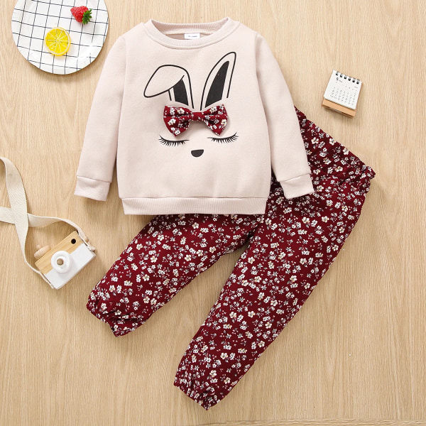 2-delad Toddler Girl Bowknot Design Pullover med print Sweatshirt och blommigt print Paperbag Byxa Set Red 5-6Years